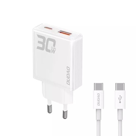 Dudao hurtigoplader 30W USB-A/USB-C med USB-C/USB-C kabel hvid
