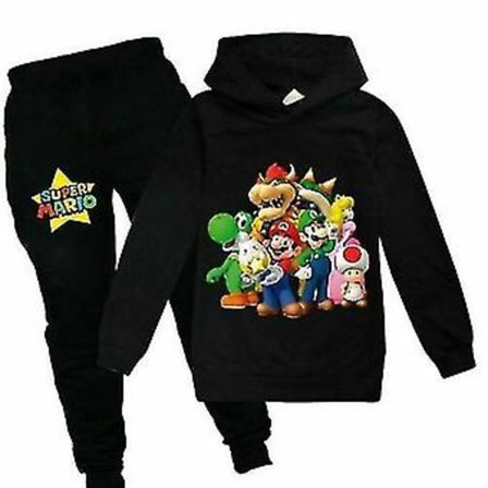 Super Mario Hoodie Topp og Bukser Sett Barn Gutter Jenter Sportsklær Jogging Dress -r (120 (5-6 År) Svart 2)