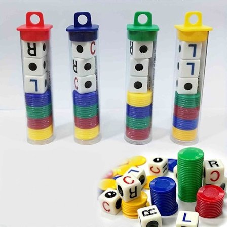 LCR Venstre Center Højre Terningspil LR C Etui med Chips og Terningspil Legetøj, 100% Ny