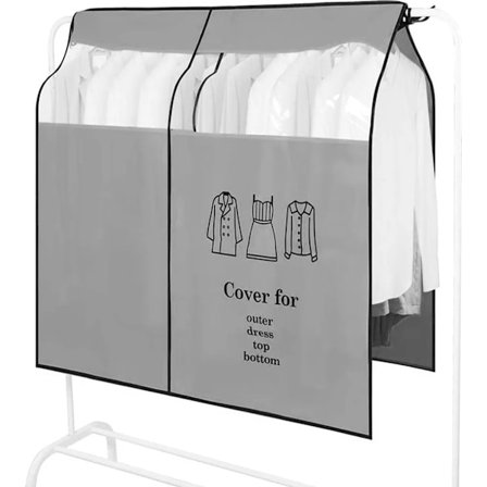Støvtrekk for klær, pustende oppbevaringspose for klær med gjennomsiktig vindu, grå, lang støvtett