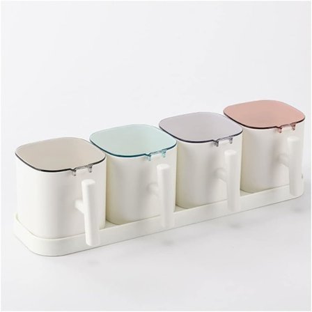 Kryddburk Transparent Kryddbox Set Sked med Lock och Sockerskål på Bricka Kökskryddbehållare