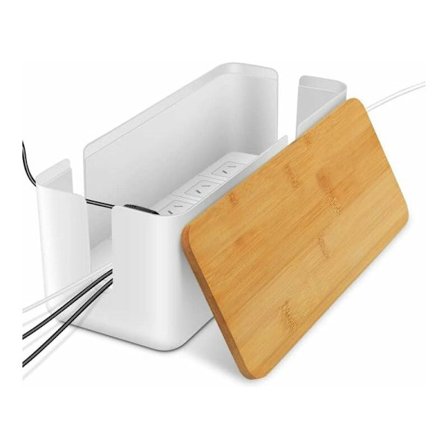 Kabelhanteringsbox, kabelbox med bambulock, kabeldöljande box för organisering av datorkablar, lösa kablar, dölj kablar (vit)