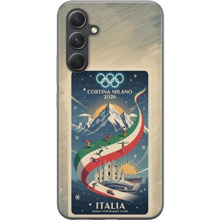 Yhteensopiva Puhelinkuori Samsung Galaxy A55 Mäkihyppykuvitus, jossa hiihtäjä tähtää kiväärillä lumisella radalla, teksti Milano Cortina 2026 ja olymp
