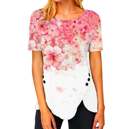 Print T-shirt För Kvinnor Med Blad Tryckt T-shirt