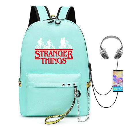 Stranger Things Ryggsekk Usb Lading Ryggsekk Unisex Studenter Skoleveske(Grønn1)