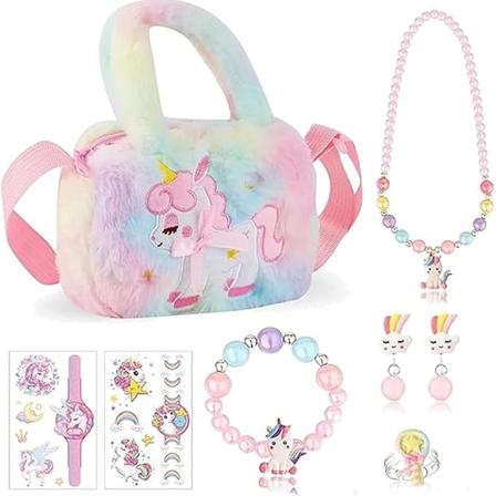 Enhjørning Gaver til Piger, 9 PCS Crossbody Taske Pung med Smykkesæt, Prinsesse Halskæde Armbånd Ringe Øreringe Stickers Håndtaske Festartikler [GGL] 