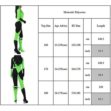 Kim Possible Shego Bodysuit Kostym Barn Tonåringar Flickor Superskurk Cosplay Jumpsuit Halloween Party Dress Up