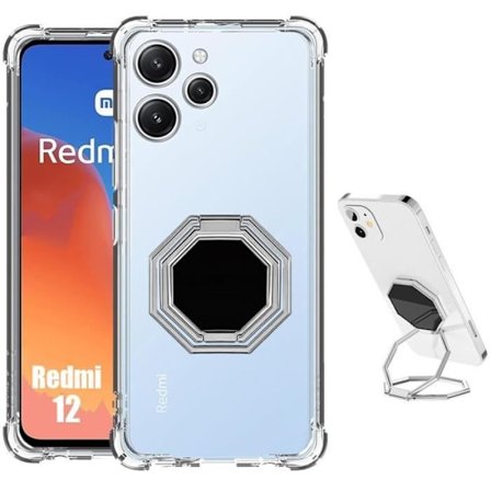Fodral till Xiaomi Redmi 12 4G-5G (ej för Redmi Note 12) Transparent silikon med silver justerbar ringhållare