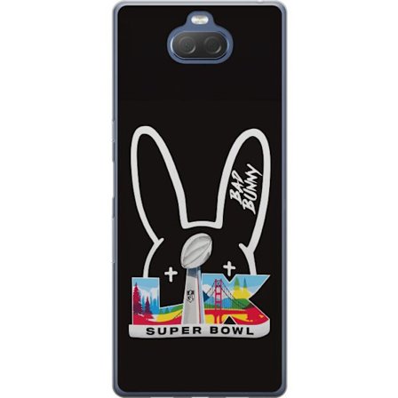 Kompatibelt Mobildeksel til Sony Xperia 10 Plus Bad Bunny portrett med åpen skjorte, tatoveringer og krøllete hår i stilfull motefotografering