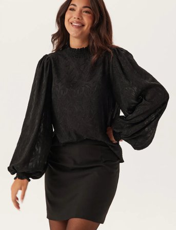Bubbleroom Jacquard Smock Blouse - Black - 32-34