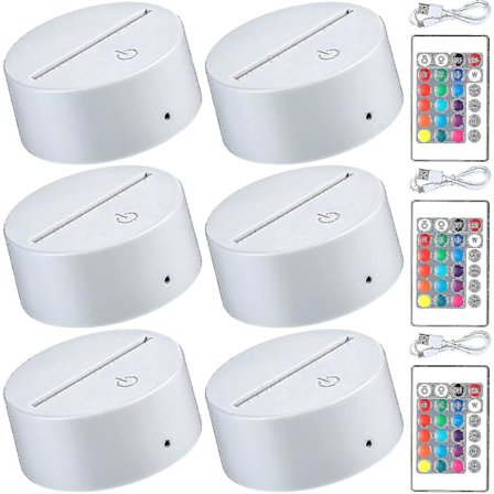 6 stk. 3D Natlys LED Lampebase 16 Farver LED Lys Display Base Med Fjernbetjening Og USB Kabel, Juledekoration Lys Lampebase Til