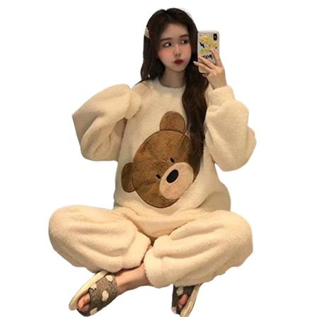 Set för kvinnor med tjock flanell. Bedårande björnpyjamas Set nattkläder för kvinnor, flickor Bear White 2XL