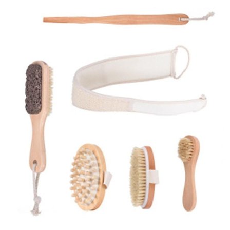 Torrborstningssats för Kroppen - Lymfatisk Dränage & Hud Peeling - Naturborst Spa-kit - Långt Handtag Rygg Scrubber, Massager & Ansikts Peeling