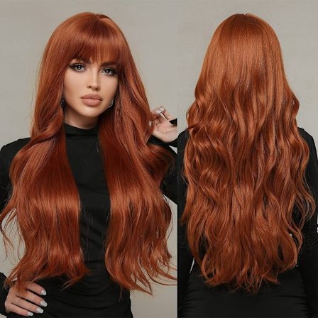Auburn Paryk med Pandehår Lange Bølgede Ingefær Parykker til Kvinder Naturlig Syntetisk Hår Paryk til Gave Daglig Fest Cosplay Brug Varmebestandig