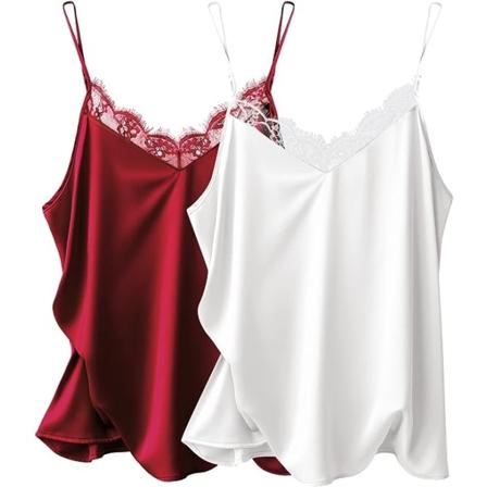 Ekouaer Dam 2-pack Satin Silke Kamisole Lace Top Spaghetti Band Tank Tops Basic Cami Top XL