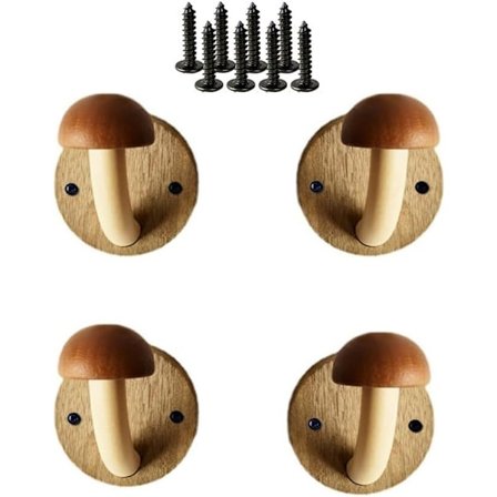 4 kleshengere i tre formet som sopp - Soppformet klesstativ - Vegghåndklekroker - Sett med solide treskruekroker (4 kroker og 8 skruer) - Brun