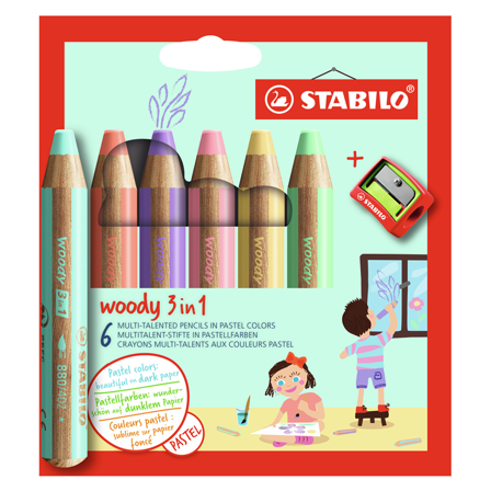 Woody 3-in-1 Colouring Pencils Pastel 6-set + sharpener
