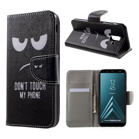Samsung Galaxy A6 mobiletui i lædermateriale med printet møsnter samt magnetlukning og kortlommer - "Dont Touch My Phone"