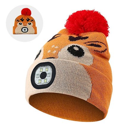 Børnehat med LED-lys, vinterhat til børn med LED-lys, USB-genopladelig 4 LED-lampe vinter varm pandelampe strikket hat, gave til drenge og piger