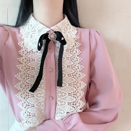 Dam Basic Office Dam Arbetskläder Söt vintage fluga Top Vit Spets Enkelknäppt Enfärgad Vit Rosa Skjortor Blusar pink XL