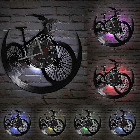 Dekorativ veggklokke for sykkel, sykling, lavkarbon og miljøvennlig stil, retro LP-plate, veggklokke, vinylkunstverk, dekorasjon med LED 12 tommer