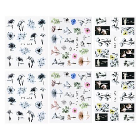 6 st Nail Water Transfer Nail Paste Blommor Och Växter Konst Dekaler Nagel Dekoration Tillbehör