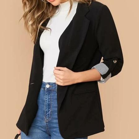 Naisten Business-takki Käännettävä Kaulus 3/4 Hihat Avoin Etuosa Puku Takki Asu Toimistoon Musta L