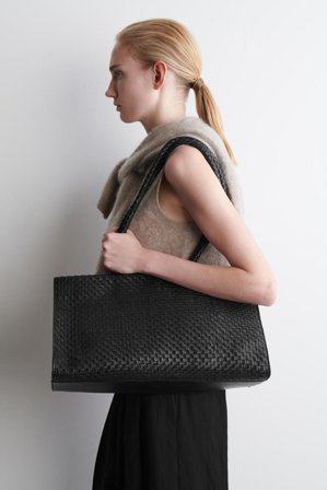 COS Women's Gallery Hand Woven Tote Bag Leather in Black