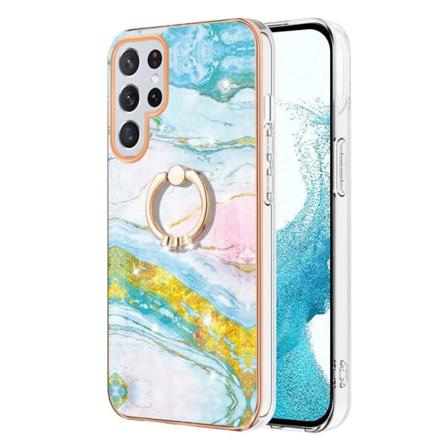 Marble Mønstret Cover med Ring Holder til Samsung Galaxy S22 Ultra - Grøn og Gul Marmor Haze Multicolor