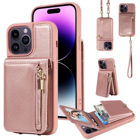 Etui til iPhone 8/7/6 rosaguld crossbody lynlås harmonika taske kort slot
