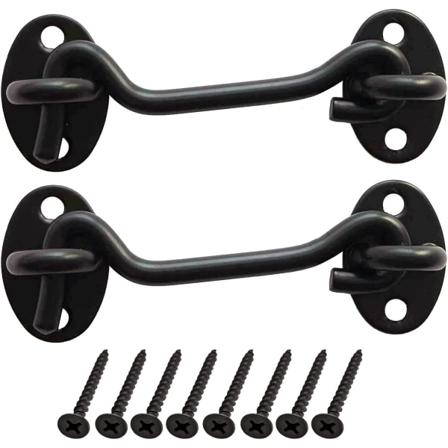 Taottu messinkinen mökki- ja ovihaka, 4 tuumaa, mattamusta, 2 kpl