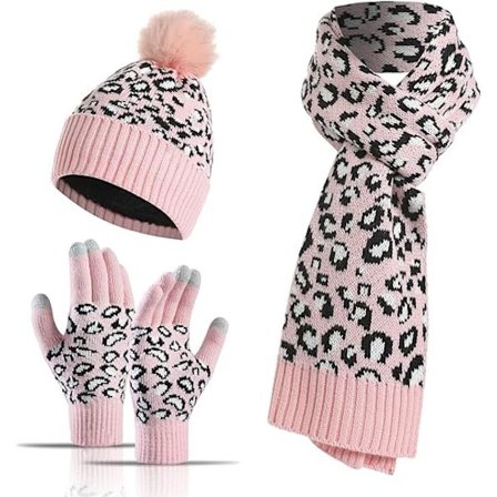 Leopard Beanie Hat Scarf Touch Screen Handskar Set med Pom för kvinnor
