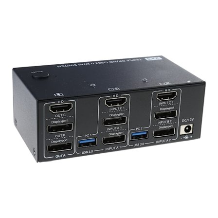 Høyoppløselig HDTV KVM-switcher for 3 skjermer, 2 PC-er, 4 USB 3.0-huber