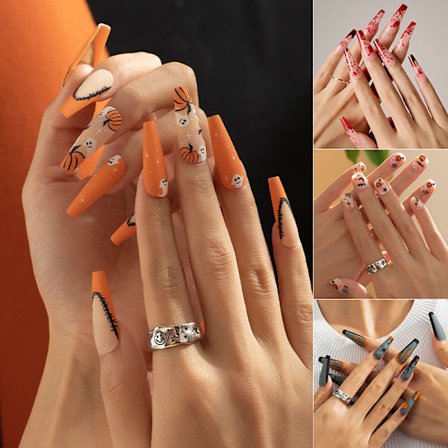 4 kpl Halloween-tekokynsiä, ranskalaiset, eurooppalaiset ja amerikkalaiset tekokynnet, himmeä laastari