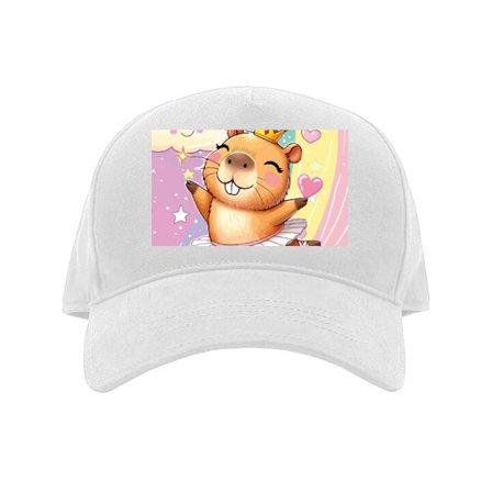 Kaps Søt dansende capybara i ballerinakjole med krone mot regnbue skyer hjerter og stjerner i myk kawaii-stil med glade pastellfarger