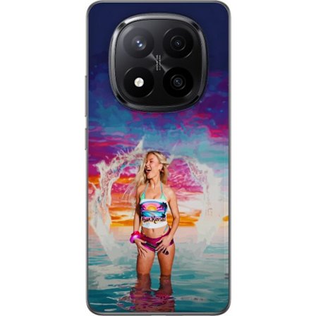 Yhteensopiva Puhelinkuori Xiaomi Redmi Note 14 Pro+ Vaalea nainen kirjavia rantavaatteita pelaa meressä auringonlaskun aikaan