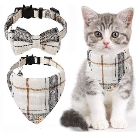 Shxx Fluga Katt Halsband Bandana - 2 Pack Klassiska Rutiga Ginham Katt Halsband Med Sjal Och Fluga - Justerbar Storlek Med Klocka A106-1679
