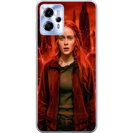 Kompatibelt Mobilskal till Motorola Motorola Moto G13 Porträtt av en ung kvinna med rött hår i en apokalyptisk landskap, röda blixtar och mörka k