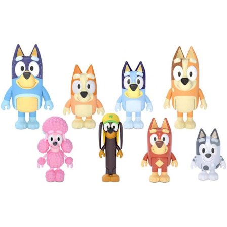 Bluey Familj och Vänner Figur 8-pack: Rörliga 6,35 cm Actionfigurer; Bluey, Bingo, Bandit (Pappa), Chilli (Mamma)