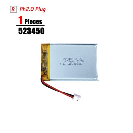 3,7V Lipo-akku Ph2.0-pistoke Ladattava litiumakku 3,7V PS4-kostuttimille GPS-navigointi Bluetooth-kaiutin MP3 MP4