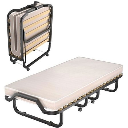 COSTWAY Fällsäng 1 Person med Hjul 90 x 200 CM, Fällbar Gästsäng, 10 CM Minnesskummadrass, 15 Lattenbotten, Beige