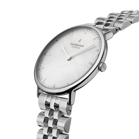 Nordgreen Scandinavian slim analog women's watch - Silver Case - Black Dial - 28mm Silver Link Watch Band Native White Dial