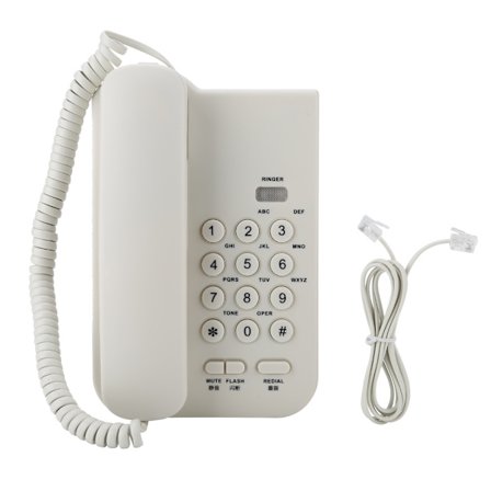 Ledningstelefon uden display, telefon, telefoner, genopkald/flash, vægmonterbar til hjemmekontor, hvid
