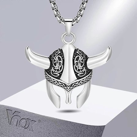 Punk Rock Viking Horn Mask Hängsmycke Halsband för Män, Rostfritt Stål Keltisk Knut Krage Smycken i Bulk
