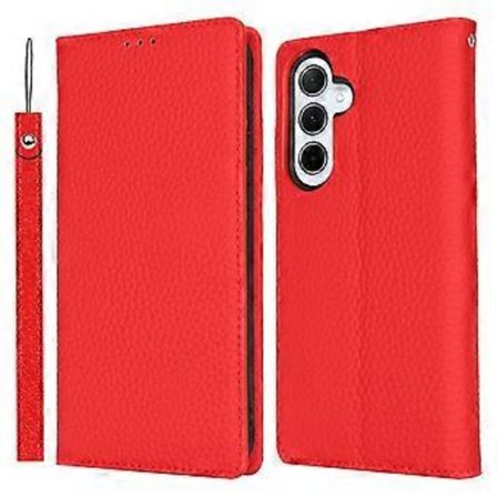 Genuine Litchi Texture Leather Wallet Case for Samsung Galaxy S25 - Red