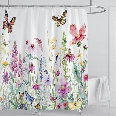 Akvarel Blade Bruseforhæng Sæt Vandtæt Blomsterplante Blade Stof Badeværelsesforhæng med Kroge, B180xH200cm