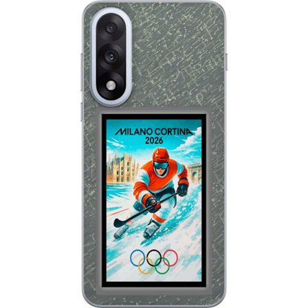 Yhteensopiva Puhelinkuori OnePlus Nord 5 Curlingkuvitus pelaajilla ja kivillä jäällä, Milano Cortina 2026, lumisia roiskeita ja olympiasormukset