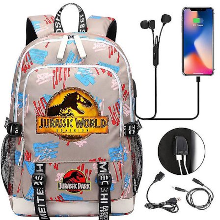 Jurassic World Dominion Tegneserie Drenge Pige Rygsæk Med USB Opladning - Høj kvalitets Børne Skoletaske, Mochila Rejse Rygsæk