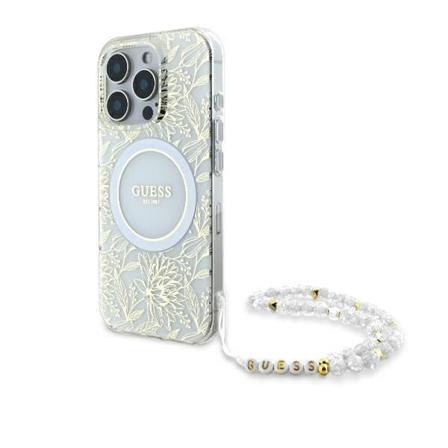 Guess GUHMP16XHCPOFPH iPhone 16 Pro Max 6,9" vit/vit hårdfodral IML Flowers Allover Electro With Pearl Strap MagSafe