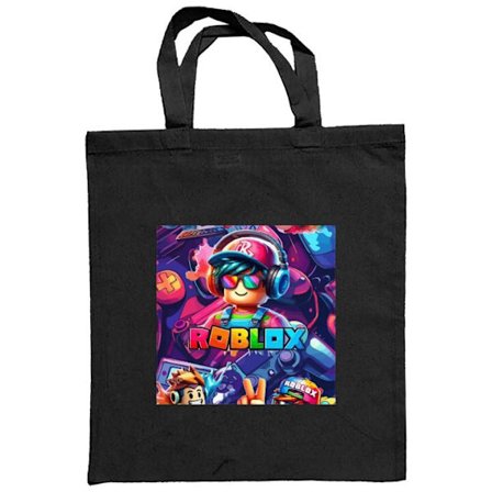 Stoffpose Fargerik Roblox gaming illustrasjon med flere karakterer, håndkontroller, neonlys og en dynamisk komposisjon i moderne spillstil